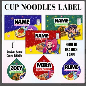 Etykiety na makaron KPop Cup do druku, makaron z własnym imieniem, opakowania na ramyeon z anime Rumi Mira Zoey, dekoracje na imprezę ramen, upominek w stylu cosplay Kawaii