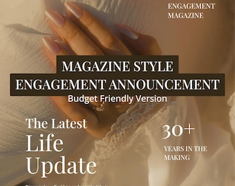 Magazine Style Engagement Announcement Template | Love Story Invite (Canva Editable)