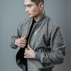 Men&#39;s Goat Suede Leather Bomber Jacket: Dark Gray, Silk Lined