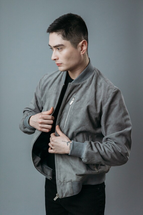 Goat Suede Leather Bomber Jacket for Men : Dark Gray, Silk Lined