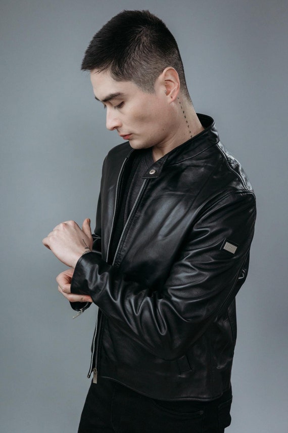 Black Sheep Leather Cafe Racer Jacket for Men: Silk Lined