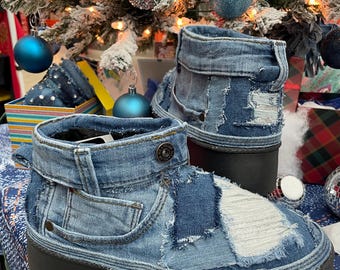 denim ankle boots with distressed with a little bling Can be made in any size