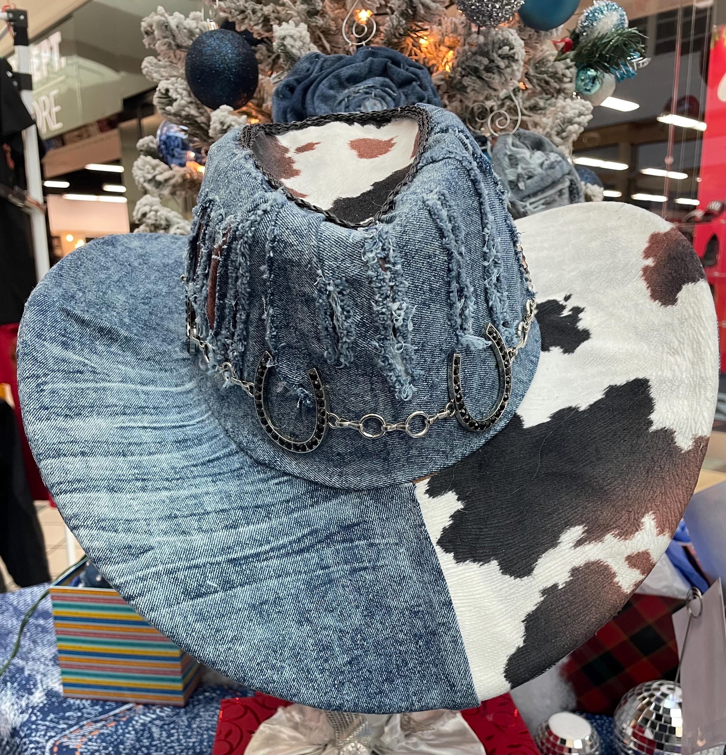 Denim cowgirl hat with cow print
