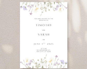 May include: A wedding invitation with a floral design featuring purple and white flowers. The invitation reads "You are invited to the wedding of Timothy and Sarah on June 1st, 2025 at 5 PM, 123 Anywhere St., Any City, ST 12345."
