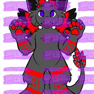 May include: A cartoon illustration of a black, red and blue dragon-like creature with a red heart on its chest. The creature is standing on its hind legs with its front paws raised. The background is white.