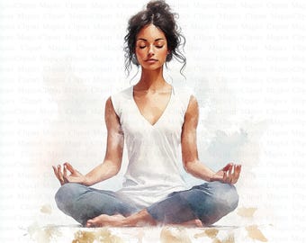 Imágenes prediseñadas de mujer meditando / Arte de meditación en acuarela (descarga digital)
