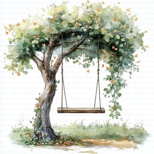 May include: A watercolour painting of a tree with a swing hanging from its branches. The tree has a thick trunk and green leaves. The swing is made of rope and has a wooden seat. The background is a light blue sky.