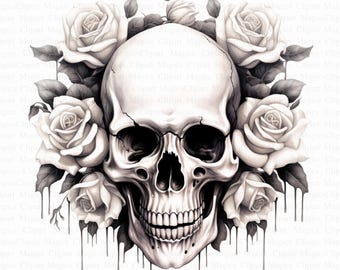 Skull in Roses Watercolor Clipart | Junk Journal (Digital Download)