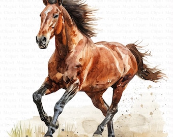水彩の疾走する馬のクリップアート、20 枚の高品質 JPG、農場の