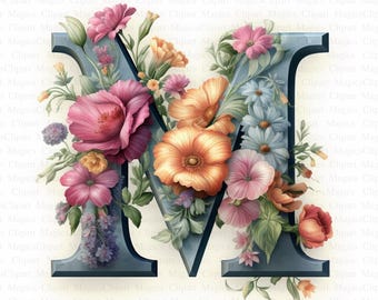 Illustrazione digitale della lettera M con motivi floreali / Decorazione per la cameretta dei bambini (Download digitale)