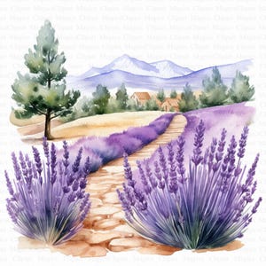Imágenes prediseñadas de campos de lavanda | 5 JPG de alta calidad | Descarga digital | Álbum de recortes | Técnica mixta | Arte infantil | Imágenes prediseñadas | Arte de acuarela