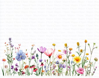 Bordure de fleurs sauvages à l'aquarelle des cliparts | Floral JPG (téléchargement numérique)