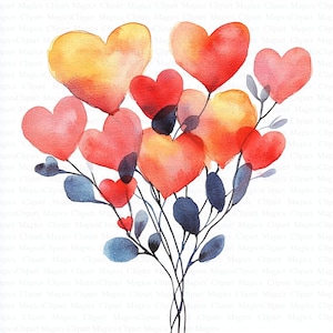 Adorable Hearts Bouquet Clipart | 5 High Quality JPGs | Digital Download | Paper Craft | Watercolor Hearts | Printable Watercolor Clipart
