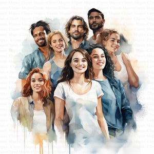 Puede incluir: Una pintura de acuarela de siete personas, cuatro mujeres y tres hombres, sonriendo y mirando a la cámara. El grupo está pintado en una paleta de colores suaves y apagados con un fondo de acuarela.