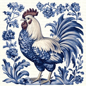 Clipart de gallo azul de Delft | 5 JPG de alta calidad | Descarga digital | Gallo Clipart | Manualidades de papel | Azulejo holandés | Ilustración vintage