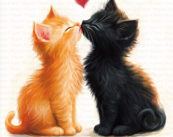 Romantic Kitten Watercolor Clipart | Love Cats JPG (Digital Download)