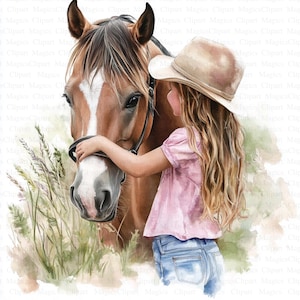 Clipart di ragazza e cavallo | 5 JPG di alta qualità | Download digitale | Lavori di carta | Immagine clipart | Album di ritagli | Creazione di biglietti | Clipart di animali carini