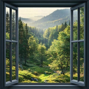 Peut inclure: Une vue de fenêtre sur une forêt luxuriante et verte avec des collines vallonnées au loin. Le soleil brille à travers les arbres, créant une atmosphère chaleureuse et accueillante.