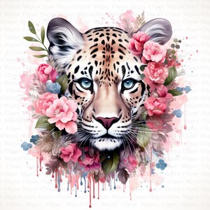 Clipart de leopardos florales de acuarela | 5 JPG de alta calidad | Descarga digital | Arte infantil | Planificador digital | Fabricación de tarjetas | Diario