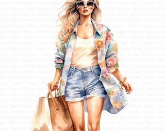 Fashion Girl Shopping Clipart | Watercolor Style JPG (Digital Download)