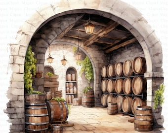 Wine Cellar Clipart | Rustic Barrel Illustrations (Digital Download)