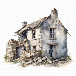 Casa de piedra abandonada Clipart | 5 JPG de alta calidad | Descarga digital | Fabricación de tarjetas | Arte de acuarela | Técnica mixta | Manualidades de papel digitales