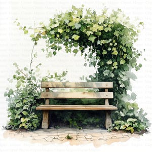 Garden Bench Clipart | 5 High Quality JPGs | Digital Download | Paper Craft | Junk Journals | Greenery Bench | Printable Watercolor Clipart