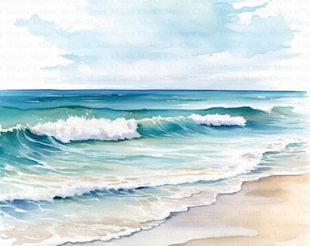 Könnte beinhalten: Ein Aquarellbild, das eine Strandszene mit blauem Himmel, weißen Wolken und türkisfarbenen Ozeanwellen zeigt, die an einem Sandstrand brechen.