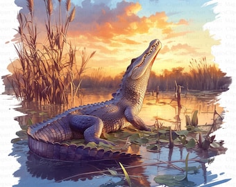 Clipart de crocodilo em aquarela | Jacaré do pântano, arte para imprimir (download digital)