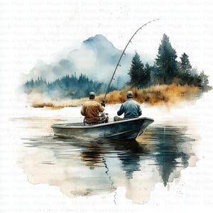 Man Fishing Clipart | 5 High Quality JPGs | Digital Download | Boat Fishing Landscape | Printable Watercolor Clipart | Paper Craft | Art
