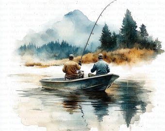 Fishing Boat Watercolor Clipart | Landscape Art (Digital Download)