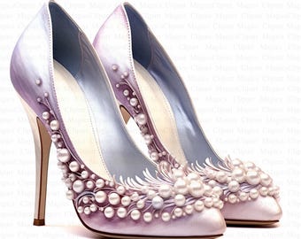 Imágenes prediseñadas de zapatos de fiesta con perlas / Tacones en acuarela, arte para pared (descarga digital)