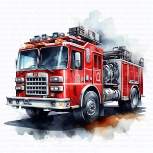 May include: A red fire truck with a ladder on top, painted in a watercolor style. The truck has a white bumper and a black grill. The truck is on a white background with a light blue watercolor wash.