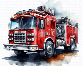 Imágenes prediseñadas de camión de bomberos / Camión de bomberos en acuarela, 5 imágenes JPG (descarga digital)