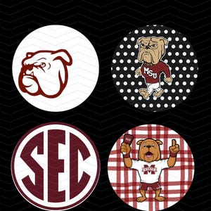 May include: Four round coasters with bulldog and SEC graphics. One coaster features a bulldog head in maroon on a white background. Another shows a bulldog in a maroon jersey on a black and white polka dot background.
