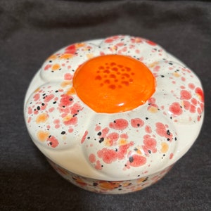 Ceramic FlowerJewelry/Trinket Box - 5&quot; round with spotted orange accents. Handmade and one of a kind