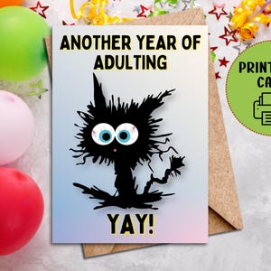 Cartão de aniversário de gato para imprimir. Cartão de felicitações engraçado para impressão de última hora em casa. Download digital 5x7 e 4x6.