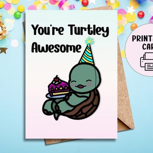 Carte d'anniversaire imprimable, téléchargement immédiat de tortue mignonne, carte de voeux pour les amoureux des animaux, fichier PDF numérique 5 x 7 et 4 x 6