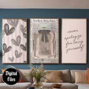 Retro Coquette Wall Art Set: Grunge Hearts, Newspaper Print (Digital Download