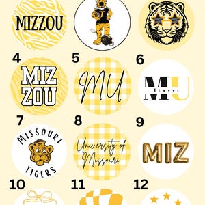 May include: A collection of University of Missouri pinback buttons. Designs include the word "MIZZOU", tiger graphics, and the letters "MU" and "MIZ". The buttons feature yellow, black, and white colors.