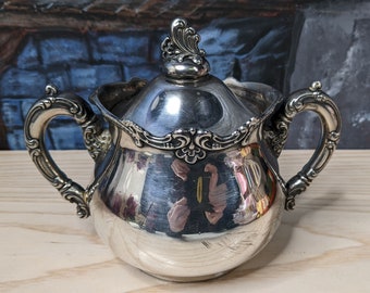 Antique Middletown Plated Silver Quadruple Plate Hard White Metal Double Handle Sugar Bowl Lid 1405 Victorian Steampunk