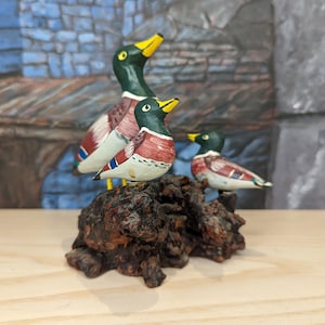 Vintage Wood Carved Mallard Duck Hand Painted Made in Spain Mom Ducklings wood stand  Country Cabin Decor Lodge Birds Farmhouse Father Gift