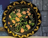 Vintage Toleware Serving Tray Large Hand Painted Cabbage Rose Flowers Pink Cottage Core Round Metal 19in Wall Decor