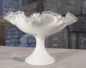 Large Sliver crest Fenton Milk Glass footed Bowl Serving Pedestal Compote Clear Fluted Edge Silvercrest Shabby Wedding Flower Easter