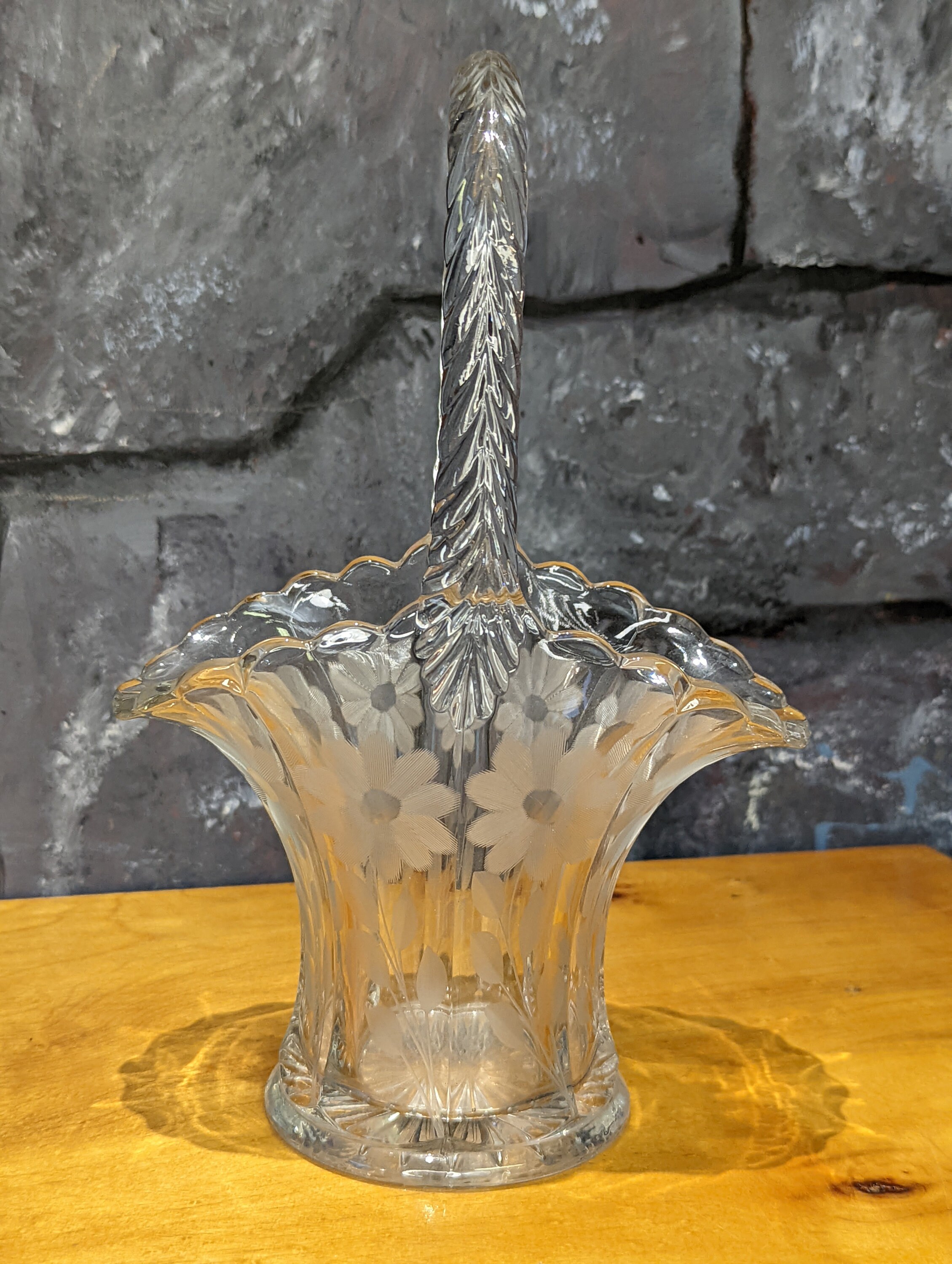 Vintage Glass Wedding Basket Flower Etched Braid Handle Etsy