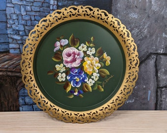 Vintage Tole Tray  Dark Green Toleware Metal Tray Hand Painted Rose Floral Design Reticulated Gold Rim Signed La Veard Wall decor Nashco