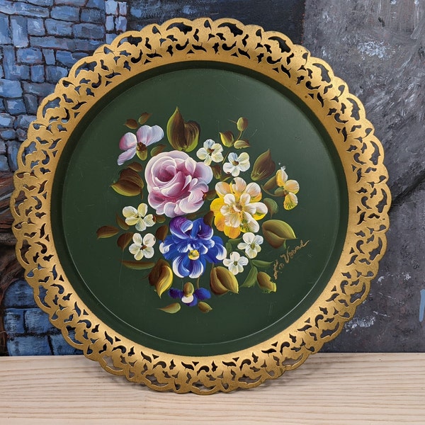 Vintage Tole Tray  Dark Green Toleware Metal Tray Hand Painted Rose Floral Design Reticulated Gold Rim Signed La Veard Wall decor Nashco