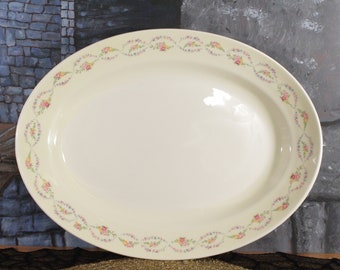 Vtg Serving Platter Edwin K. Knowles 15 in Oval Platter Turkey Ironstone, Semi Vitreous Made in USA Roses in Rose Garland Grannycore