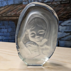Vintage Mother Child  LE Smith Crystal Carved Frosted Glass Gift Iceberg Paperweight Mary Jesus Christmas Easter Decor Religious catholic