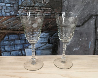 Set 2 Libbey Rock Sharpe 3005-2 Cut Crystal Etched Floral Wine Goblets 7 7/8" Champagne Toast Wedding Valentines Day Gift Fancy Barware